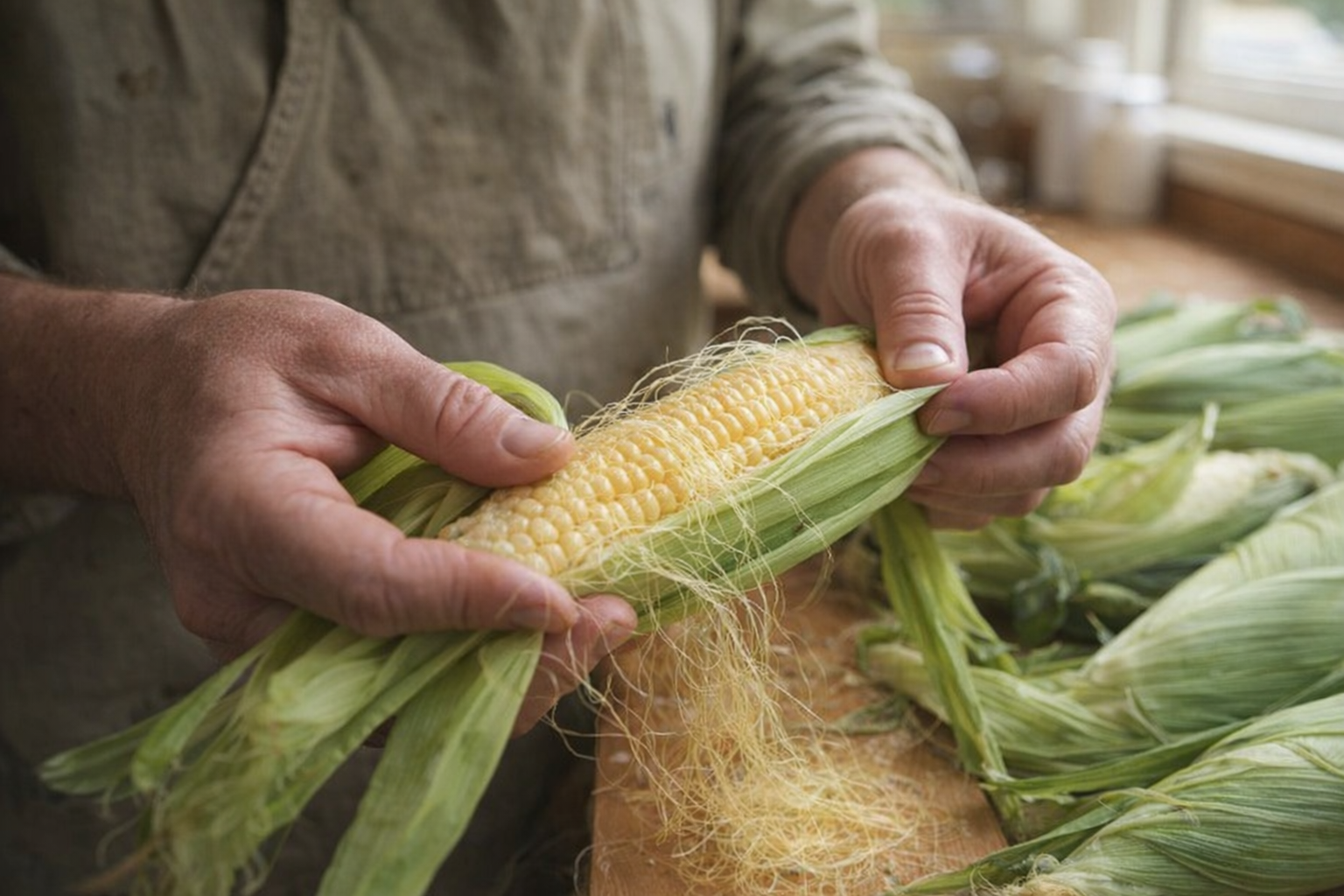 Close-up shot of hands shucking fresh corn on the cob, bright green husks, golden silk, natural light